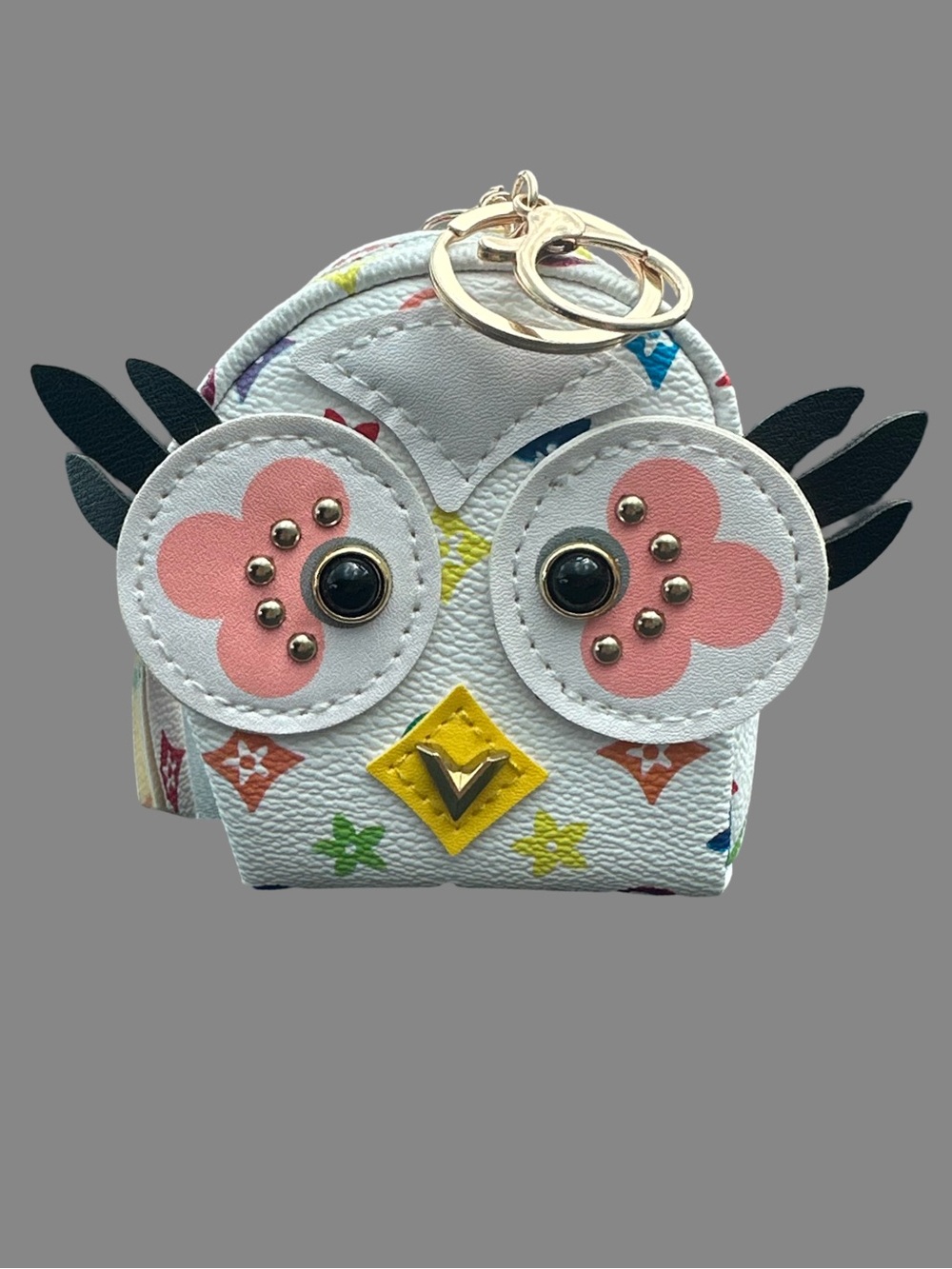 Cute Owl Coin Purse Keychain - White Multicolor Floral Print
